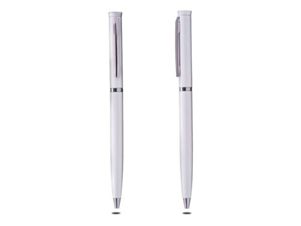 White Thin metal pen with chrome ring