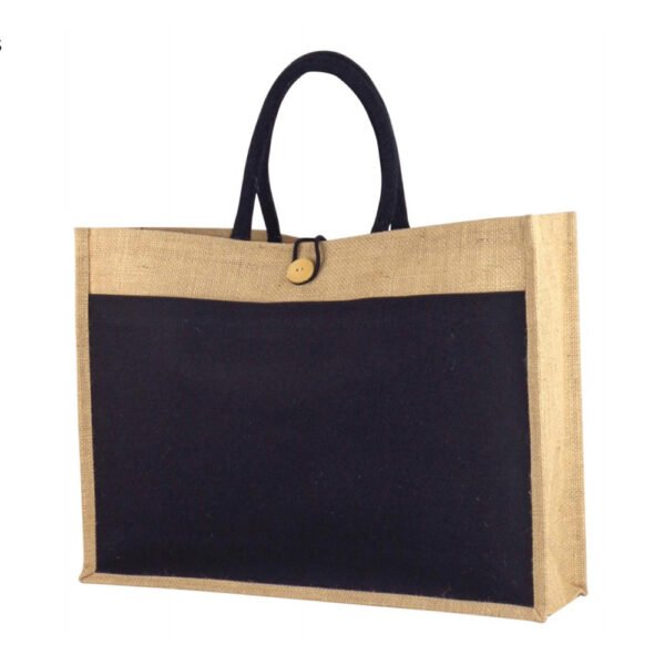 Wide Laminated Jute Bag with Button Loop & Canvas Pocket