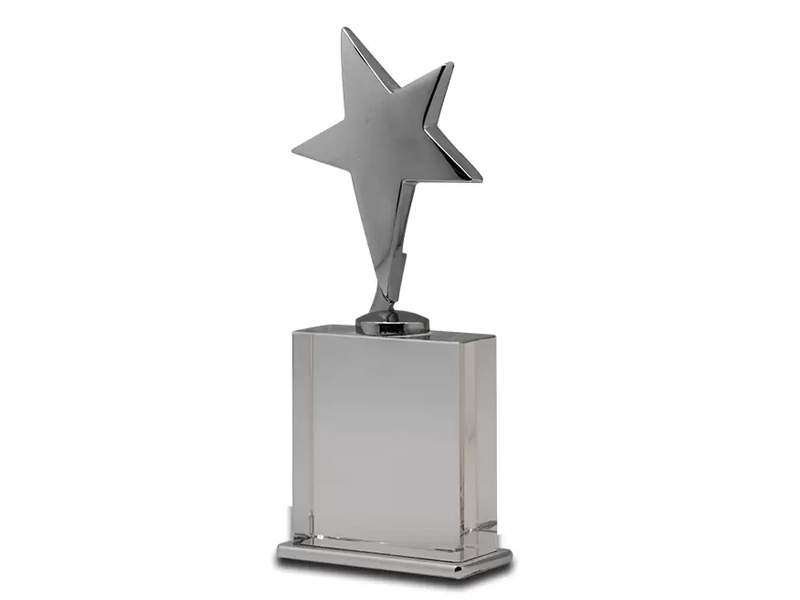 chrome plated metal star on a crystal base trophy