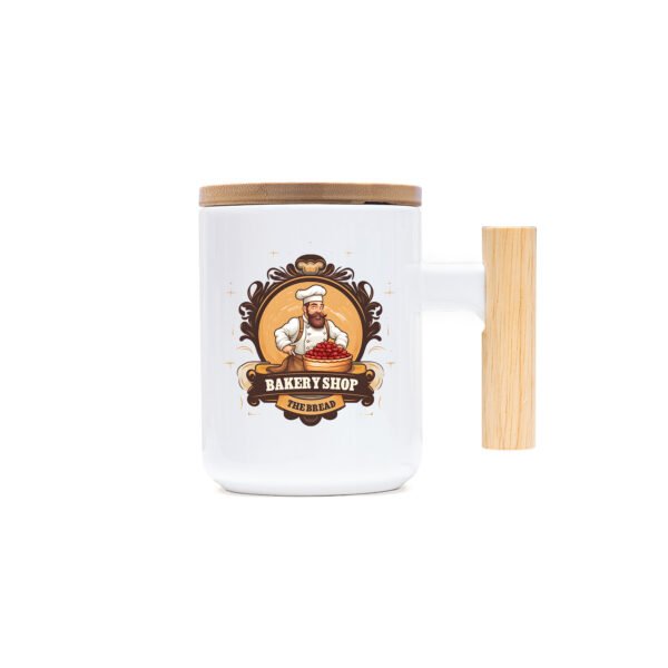 ceramic mug with bamboo handle and lid White - Image 2