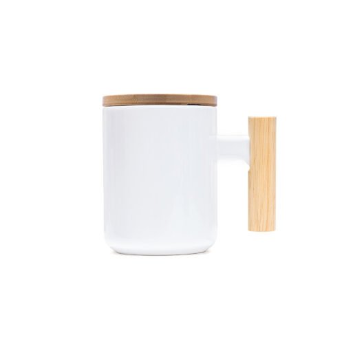 ceramic mug with bamboo handle and lid White