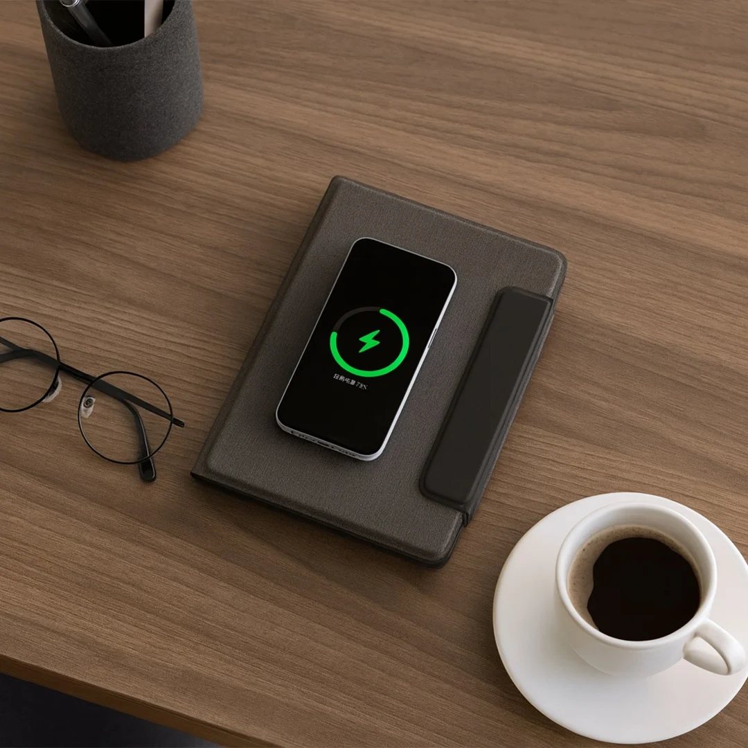 PU Notebook with 64 Sheets & Built-In 5000mAh Wireless Charging Power Bank - Image 2