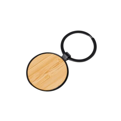 Round Bamboo Metal Keychain