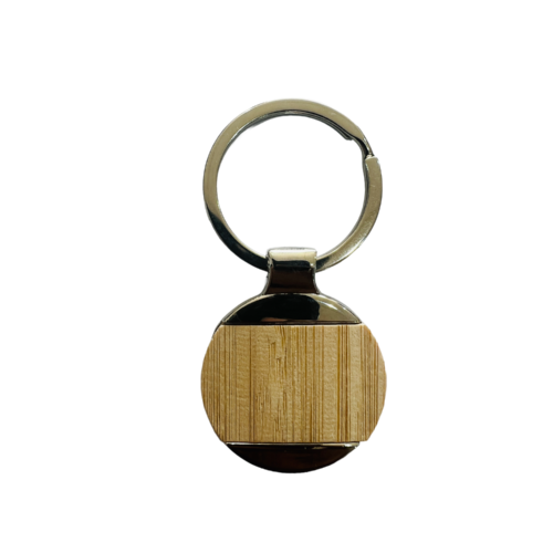 round metal and bamboo keychain