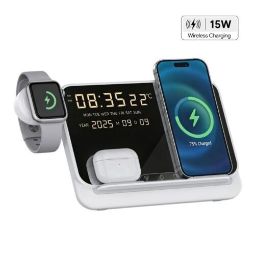 5 in 1 Wireless Fast Charging Station with Display Clock with custom logo branding, Dubai UAE