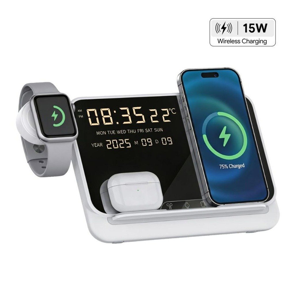 5 in 1 Wireless Fast Charging Station with Display Clock with custom logo branding, Dubai UAE